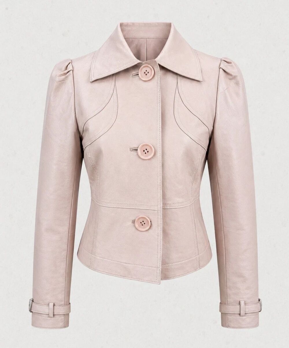 Spiegel Genuine Leather Jacket Pink Blush Puff Sleeve Y2K Cropped Women's Sz 12